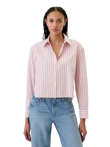 GAP Womens Cropped Poplin Button Down Pink Stripe L | Amazon (US)