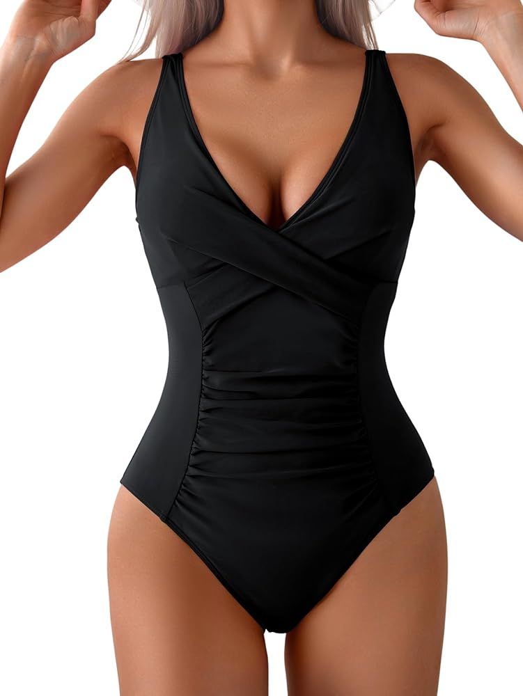 Eomenie Womens One Piece Swimsuits Tummy Control Ruched Bathing Suit Retro V Neck Push Up Swimwea... | Amazon (US)