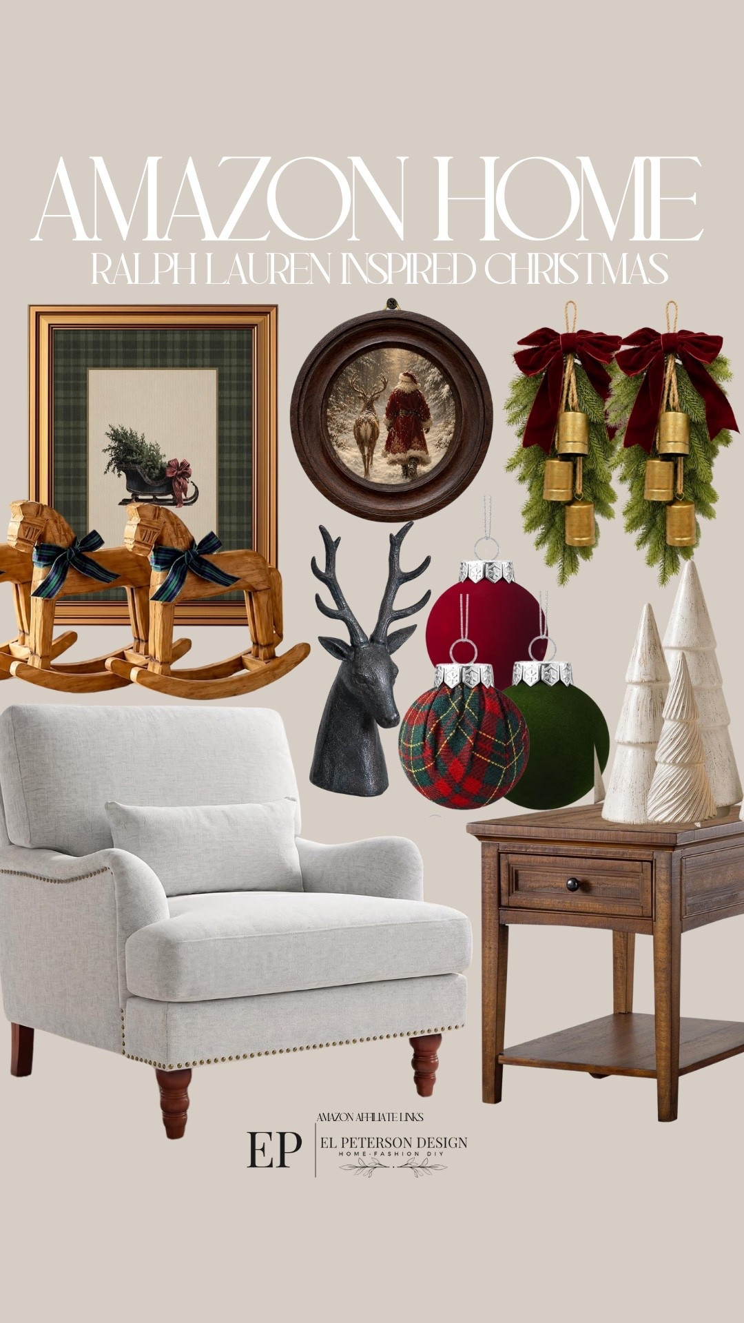 Amazon
Ralph Lauren Inspired Christmas 
Artwork
Christmas swag
Table top trees
Accent chair
End table
Ornaments
Artwork

#LTKHome