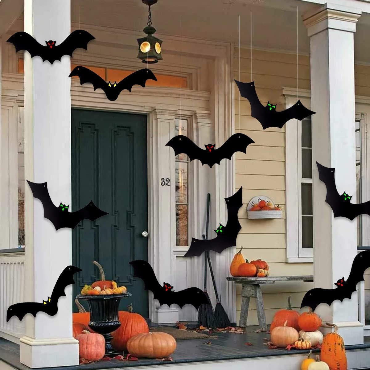 DTYDECLE 12 Stück Halloween Hängende Fledermaus, Hanging Bats Gruselige Schwarze Fledermaus mit leuchtenden Augen für Halloween Party Outdoor Dekoration | Amazon (DE)