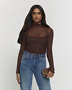 Brown mesh ruched long sleeve top | River Island (UK & IE)
