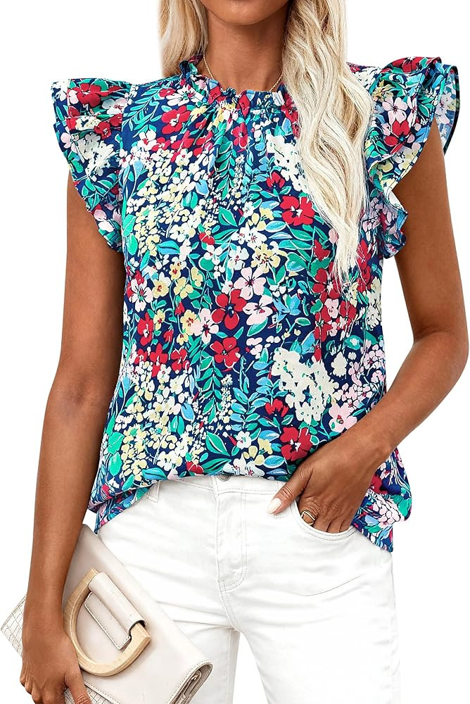 PRETTYGARDEN Women's Ruffle Short Sleeve Summer Tops 2026 Trendy Floral Trim Neck Casual Dressy C... | Amazon (US)