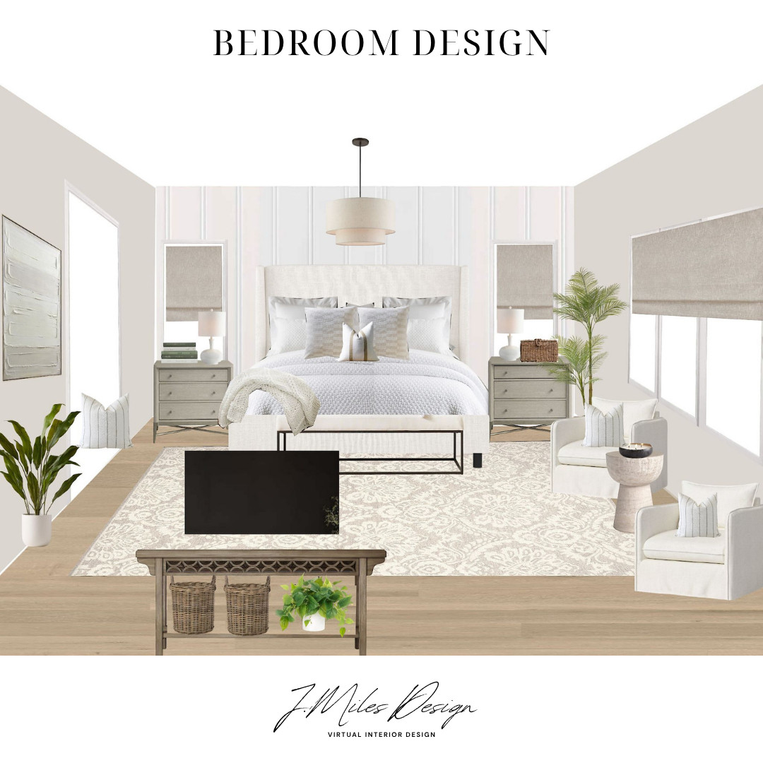 A cozy neutral retreat ✨ This primary bedroom design blends soft layers, subtle textures, and warm wood tones to create a peaceful escape. From the tailored roman shades to the plush upholstered bed and serene seating nook, every detail is designed for both comfort and style.

#bedroominspo #neutralbedroom #edesign #interiorstyling #bedroomgoals #moderntransitional #sereneaesthetic #LTKinterior #bedroomrefresh #neutralhome 

 #LTKHome #LTKSaleAlert