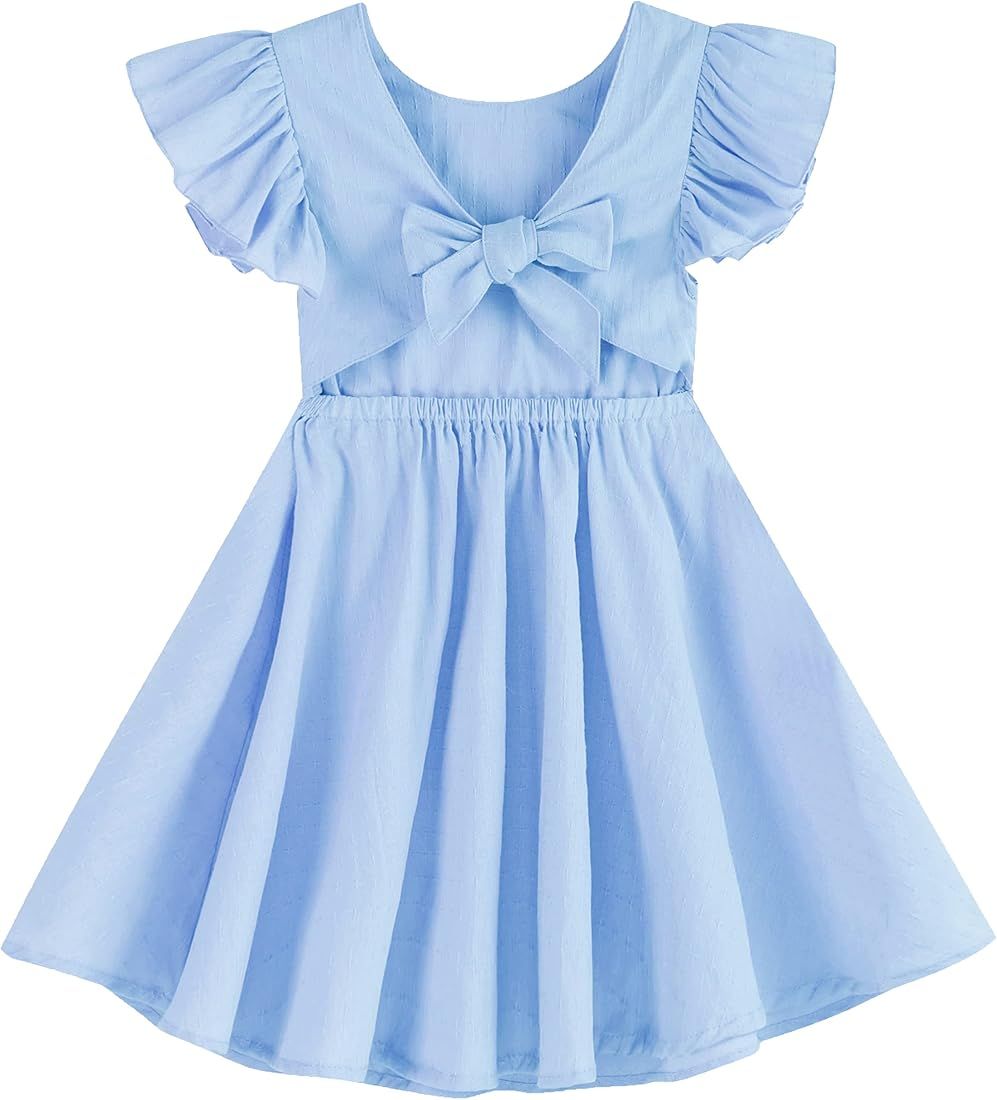 GSVIBK Toddler Girl Cotton Dress Flutter Sleeve Baby Backless Dress Kids Bowknot Ruffle Dress Cas... | Amazon (US)