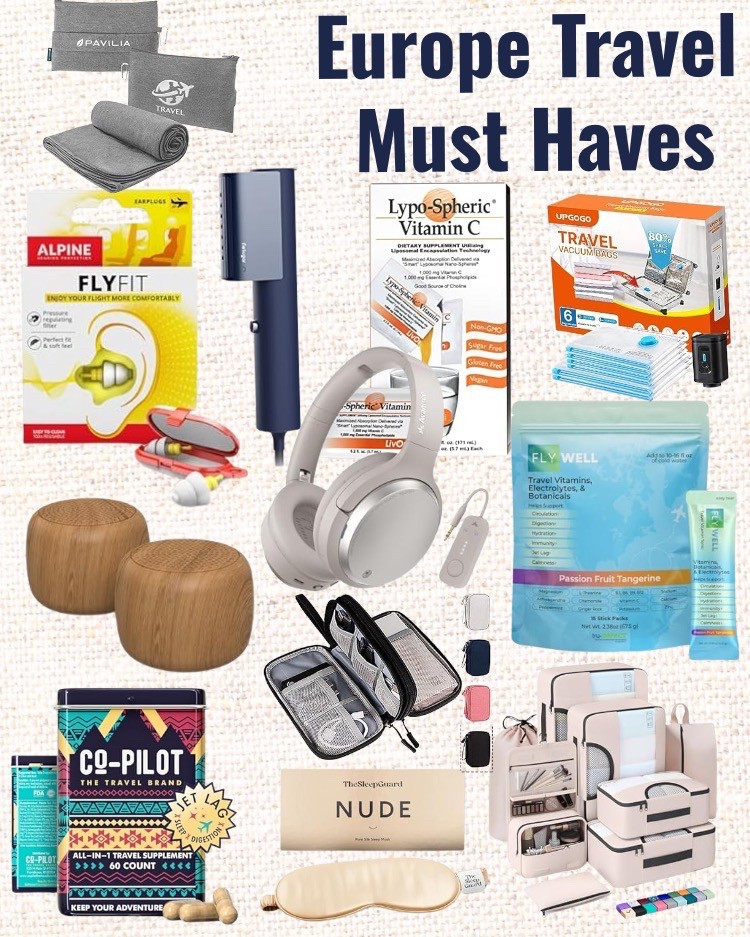 This image showcases essential travel items for a trip to Europe, including comfort and wellness products like noise-canceling headphones, sleep masks, travel vitamins, earplugs, and supplements. It also features practical items such as packing cubes, a portable charger, a toiletry organizer, and vacuum storage bags to maximize luggage space. These must-haves ensure a smooth and enjoyable journey!

#LTKFindsUnder50 #LTKFamily #LTKTravel