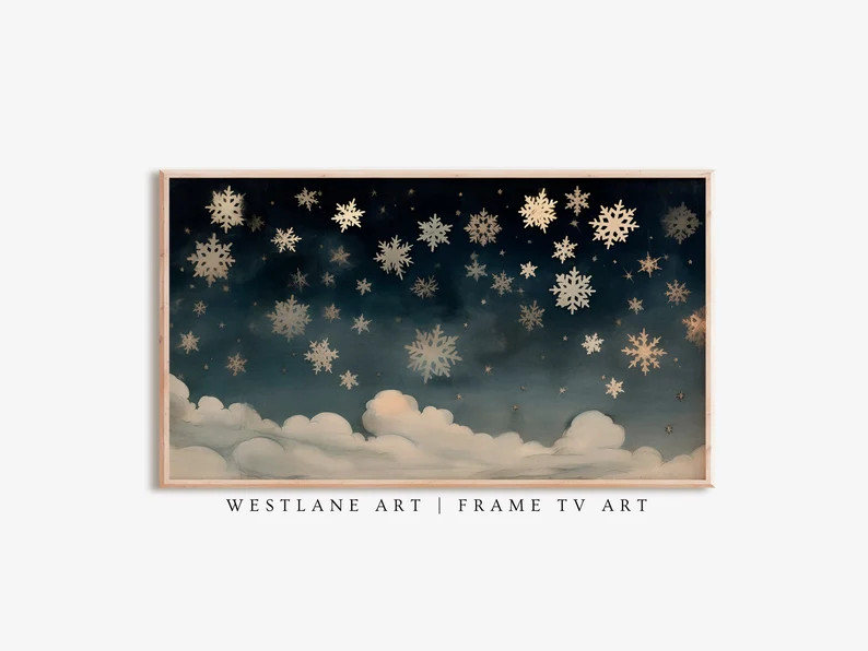 Winter Snowflakes Painting TV Art, Navy Blue Holiday Decor Digital Download, Christmas Printable ... | Etsy (US)