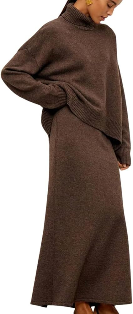 chouyatou Women's Ribbed Knitted 2 Piece Knit Sets Turtleneck Sweater A-Line Skirt Two Piece Swea... | Amazon (US)