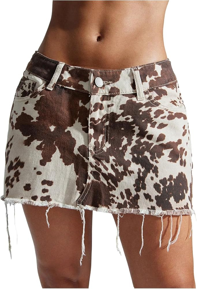 Floerns Women's Y2k Mini Denim Skirt Cow Print Low Waist Raw Hem Western Jean Skirt | Amazon (US)