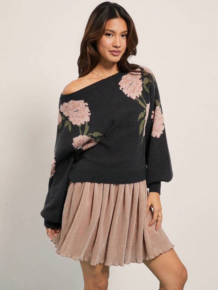 WESTFADE Spring Western Cowgirl Floral Pattern Boat Neck Long Sleeve Knit Sweater | SHEIN