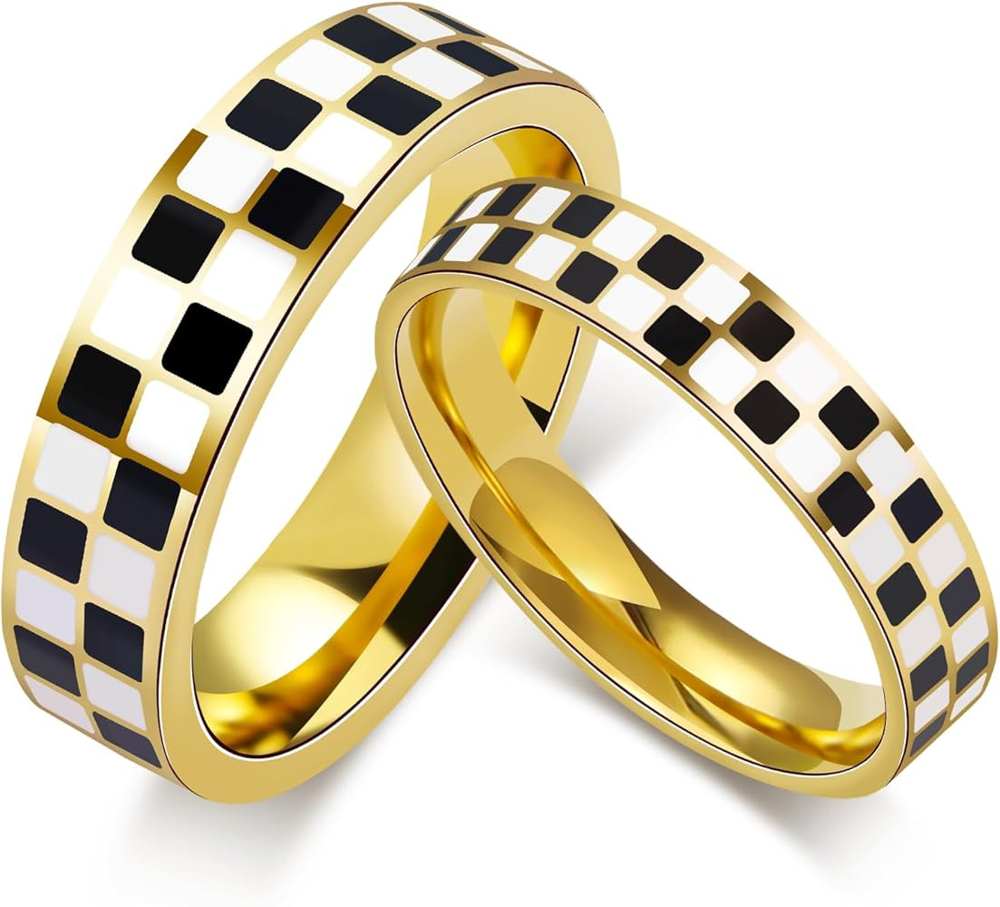 AmorArtSky Checkered Couple Rings Set (2-Piece),18K Gold Plated Stainless Steel,6mm and 4.5mm Bla... | Amazon (US)