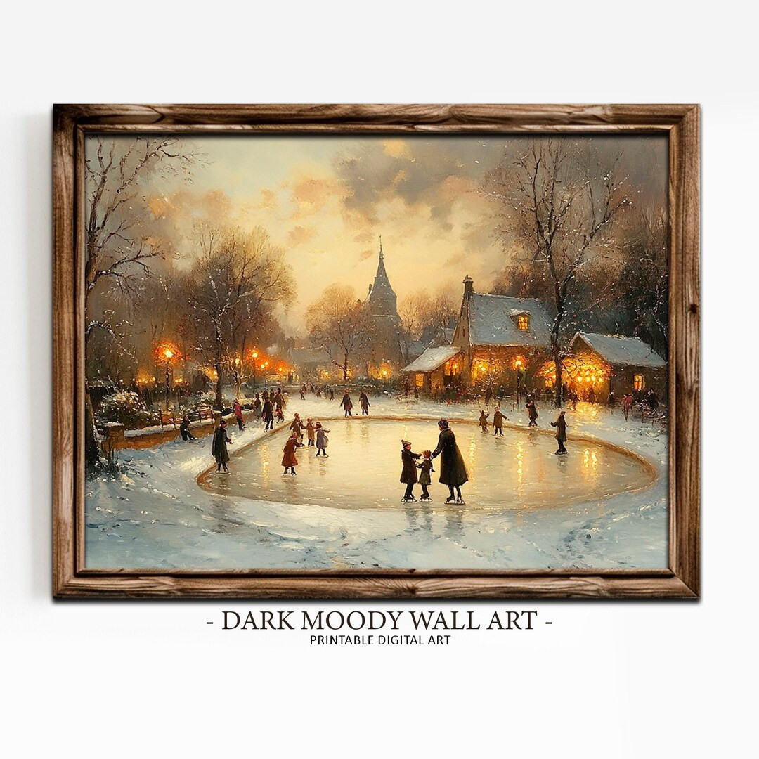 Vintage Christmas Ice Skating Village Printable Wall Art, Vintage Winter Scene, Digital Download | Etsy (US)