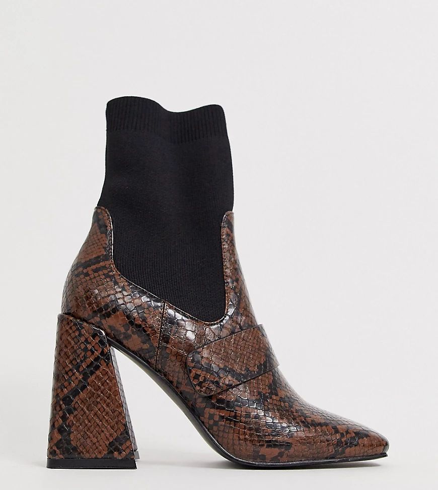 Z_Code_Z Exclusive Banu vegan square toe ankle boots with sock detail in snake-Brown | ASOS (Global)