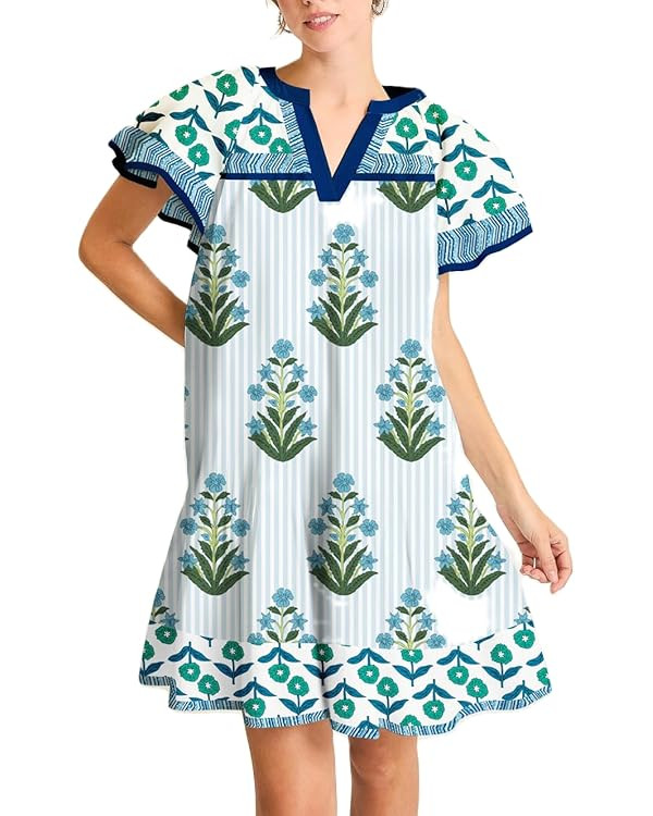 Lordree Women Boho Ruffle Sleeve Mini Dress Summer Trendy Floral Print Short Sleeve V Neck Cute B... | Amazon (US)