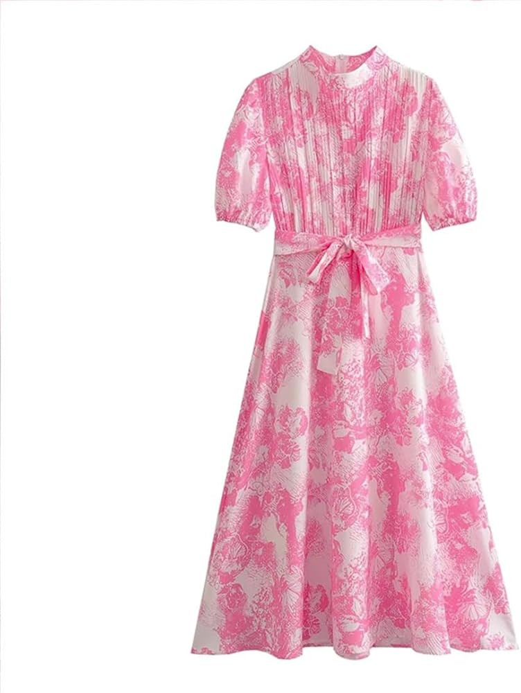 Women Summer O-Neck Short Sleeves Vocation Draped Hemline Dresses Floral Printing Lace-Up Long Dr... | Amazon (US)