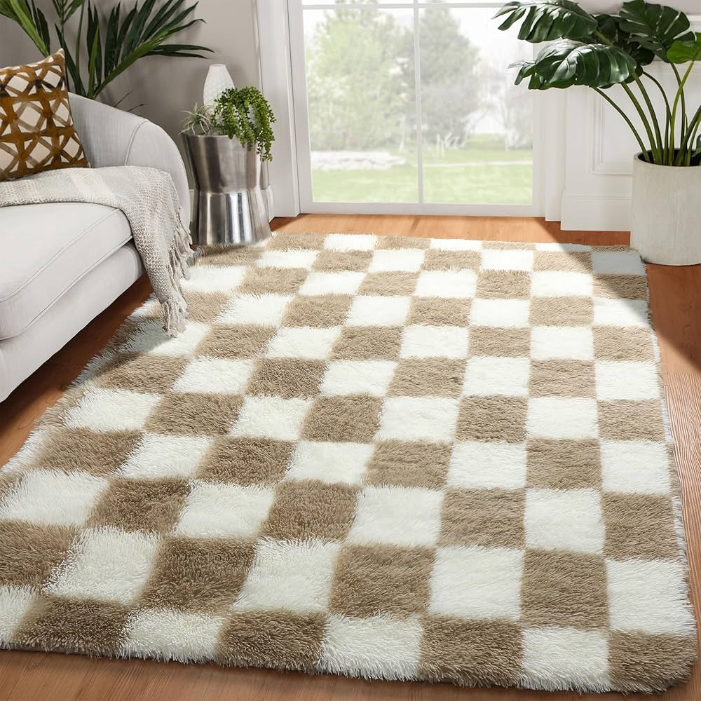 Beige and Cream White Area Rugs for Bedroom Living Room, 4x6 Fluffy Shag Shaggy Fuzzy Checkered R... | Amazon (US)