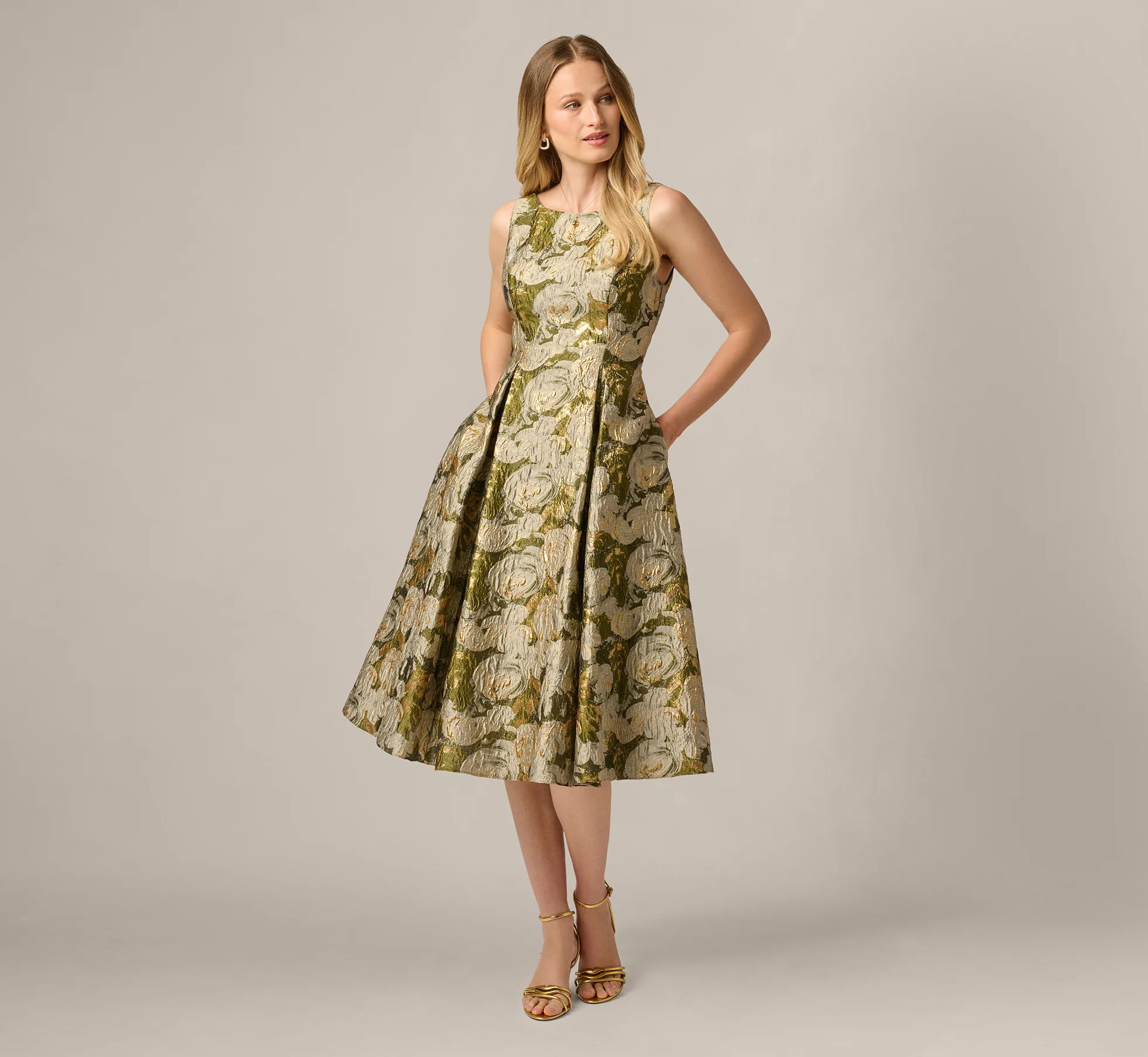 Green Floral Jacquard Fit And Flare Tea Length Dress - Adrianna Papell | Adrianna Papell