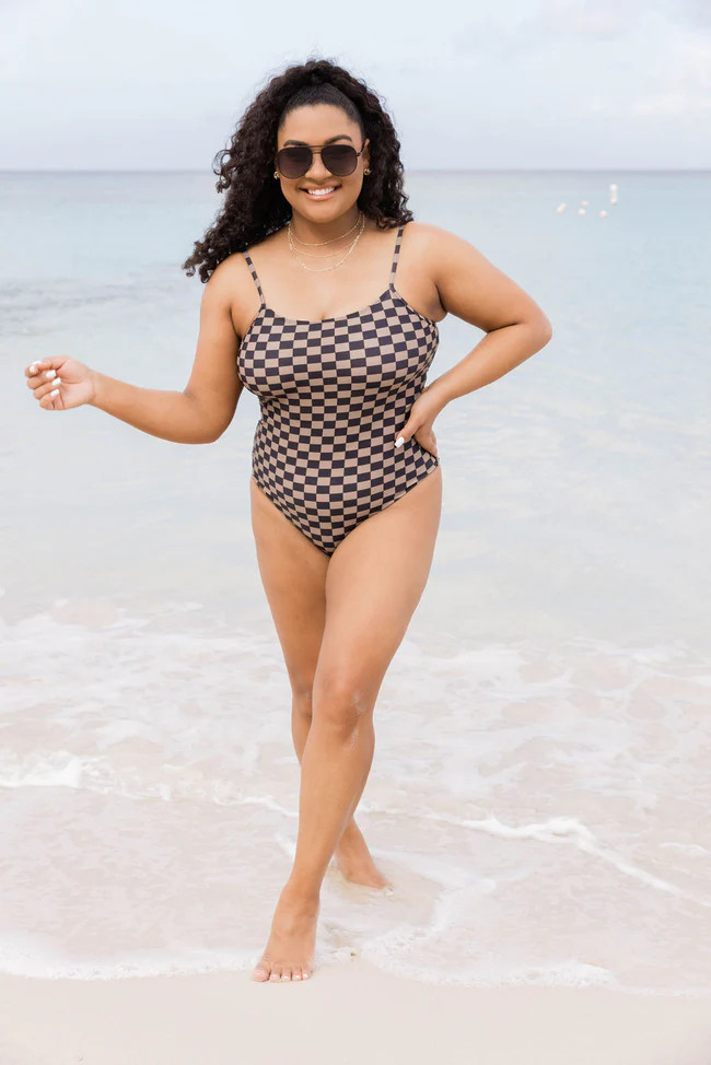 Coastal Ambiance Black and Tan Checkered One Piece Swimsuit | Pink Lily