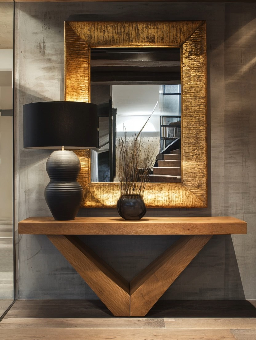  Create a gorgeous, elegant, and timeless first impression with a statement console table setup like this. A beautifully crafted wooden console with a sculptural triangular base instantly anchors the space, adding architectural interest without feeling heavy. Paired with a bold black table lamp, the contrast brings depth and sophistication—simple, intentional, and incredibly refined.

Finish the look with a clean, framed mirror to reflect light and visually expand your entryway or hallway. This setup works effortlessly in modern, transitional, and even classic homes because it relies on strong shapes, natural materials, and neutral tones. Whether placed at the entrance, along a hallway, or behind a sofa, this console moment feels curated, welcoming, and forever stylish. #EntrywayDecor
#ConsoleTableStyling
#TimelessInteriors

 

#LTKHome