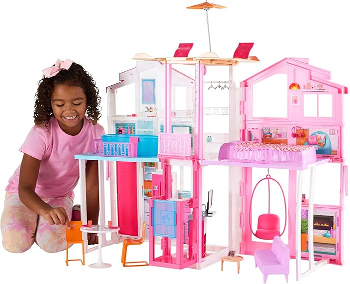 Barbie 3-Story Townhouse Dollhouse with Elevator, Swing Chair, Furniture and Accessories, Fold fo... | Amazon (US)