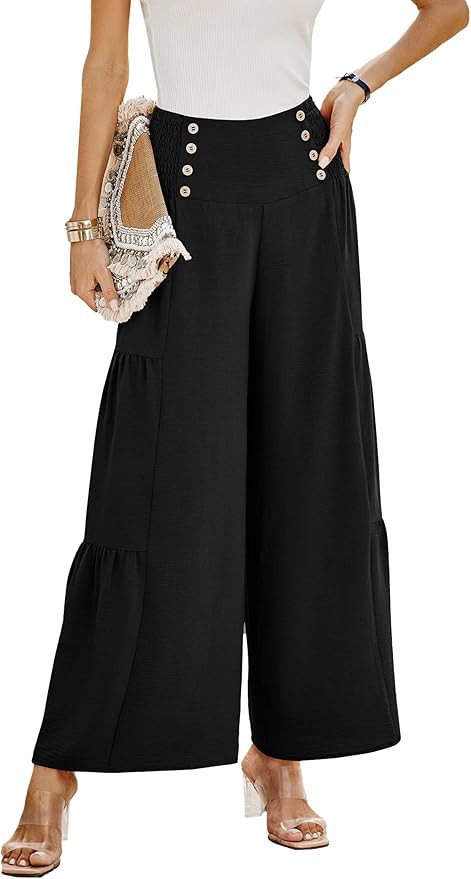 PRETTYGARDEN Women's Casual Long Palazzo Pants Elastic High Waist Wide Leg Loose Lounge Trousers | Amazon (US)