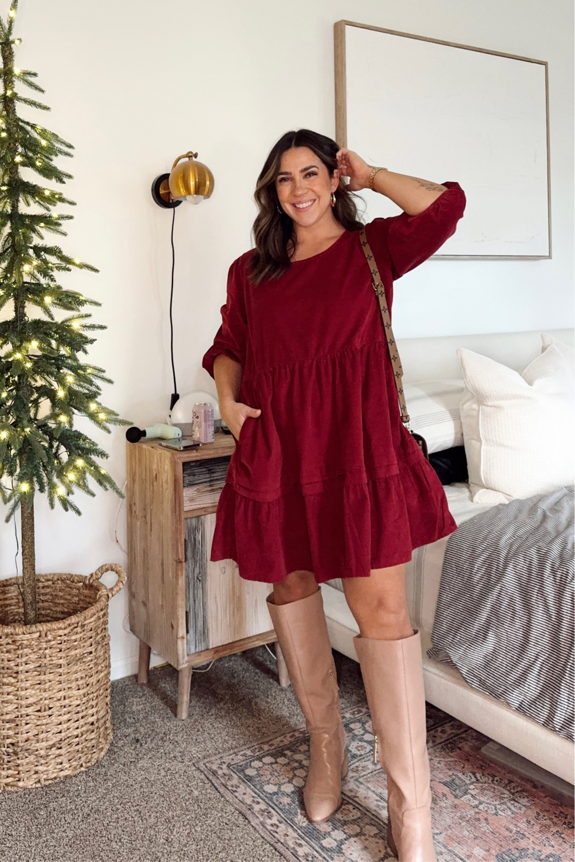 knee length dresses for ladies I.H.F Red Round Neckline Draped Velvet Gown with Black Lace