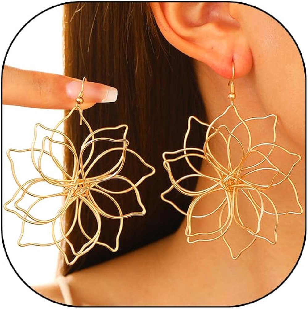 Gold Big Flower Statement Earrings for Women Dangling Boho Vintage Large Daisy Floral Petal Dangl... | Amazon (US)