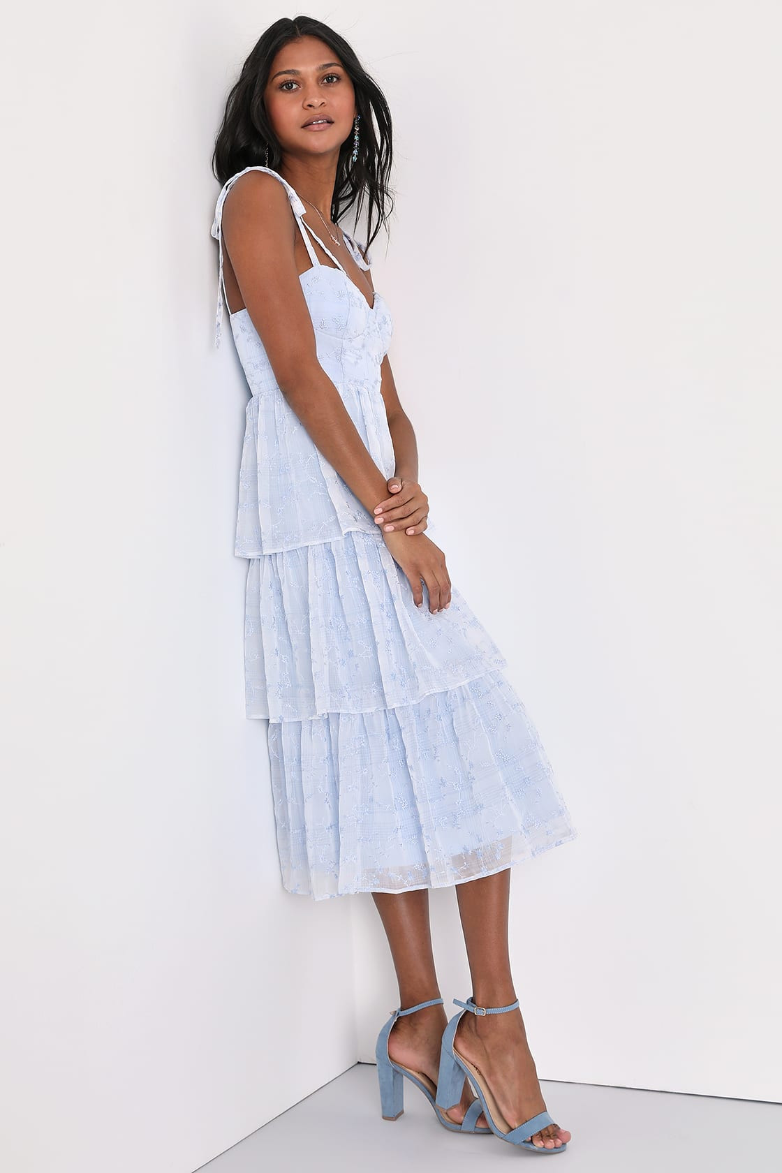 Vineyard Visit Blue Embroidered Tie-Strap Tiered Midi Dress | Lulus