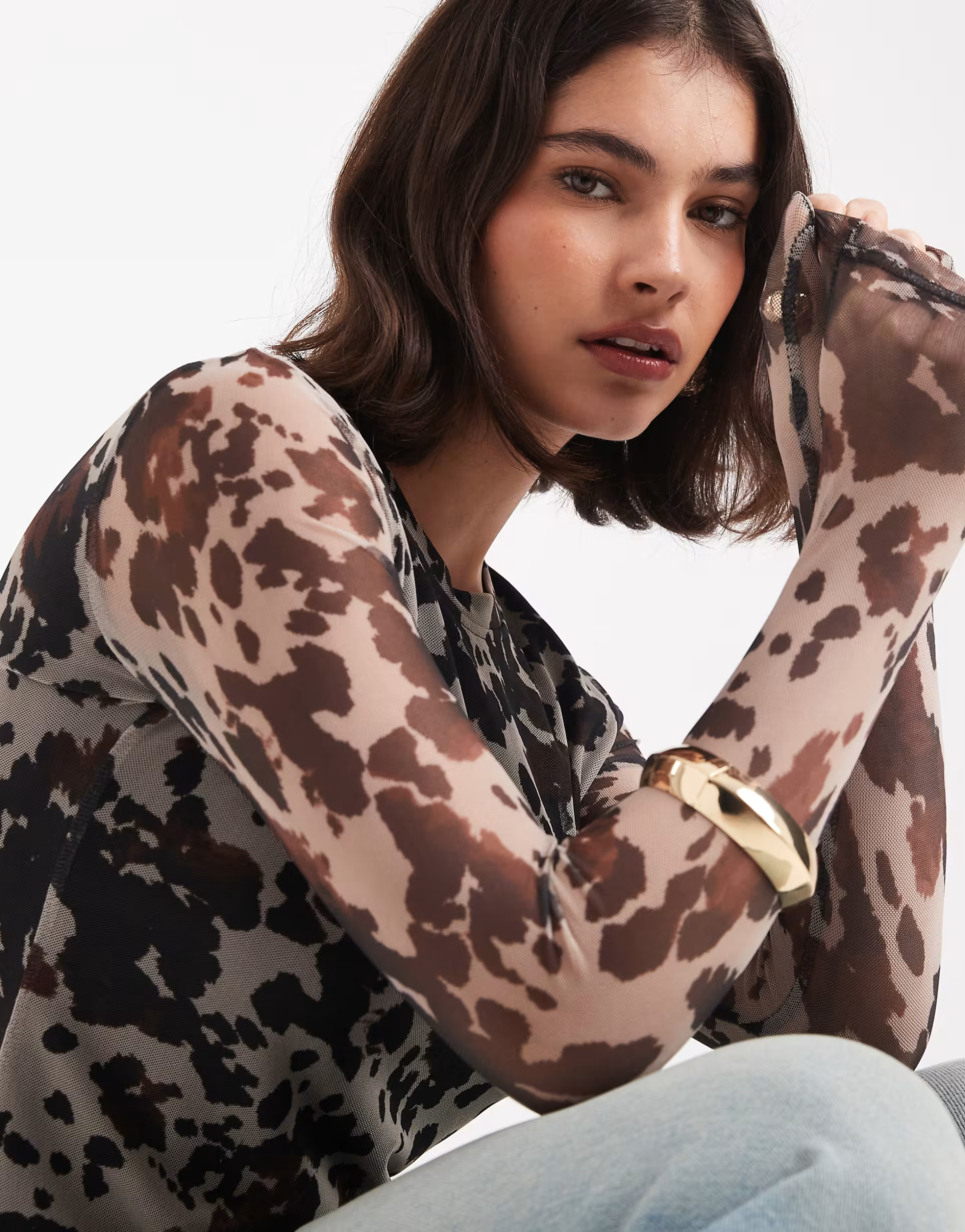 ONLY long sleeve mesh top in cow print | ASOS (Global)