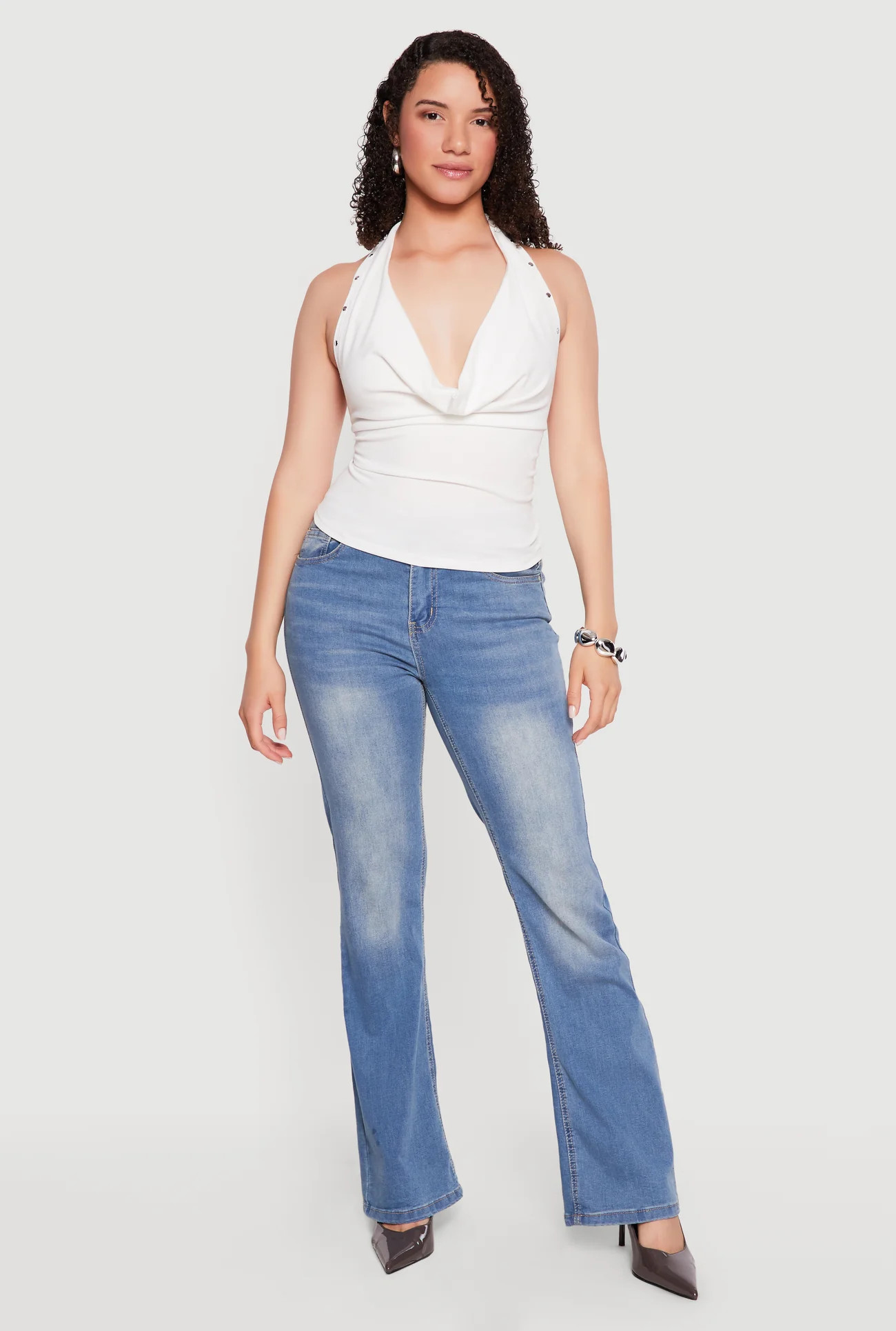 Backless Cowl Neck Studded Detail Halter Top | Rainbow Shops