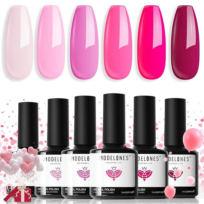 modelones Pink Gel Nail Polish Set 6 Colors, Hot Pink Tones Neon Pink White Shades Magenta Light ... | Amazon (US)