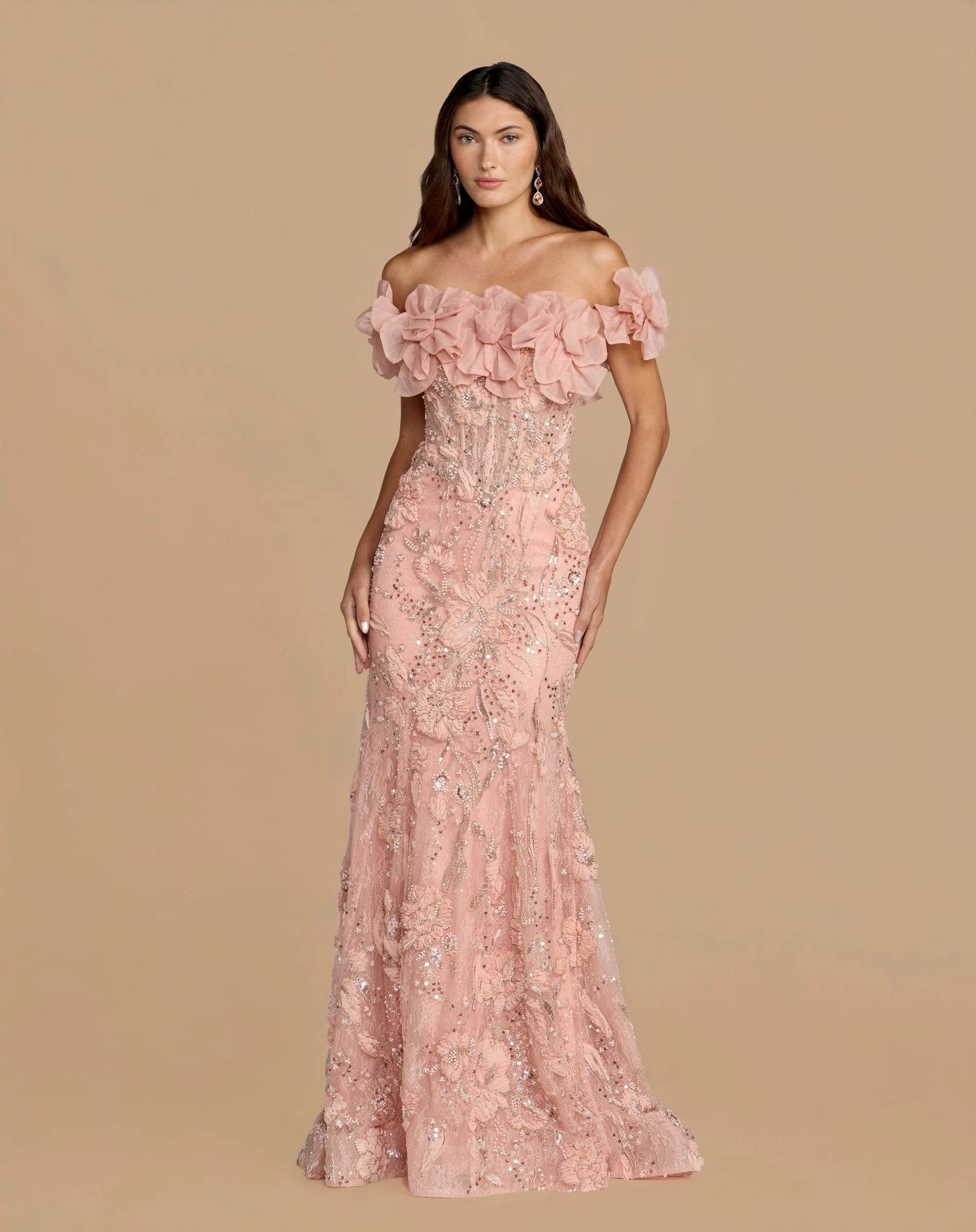Pink Off The Shoulder Embellished Mermaid Gown | Mac Duggal | Mac Duggal