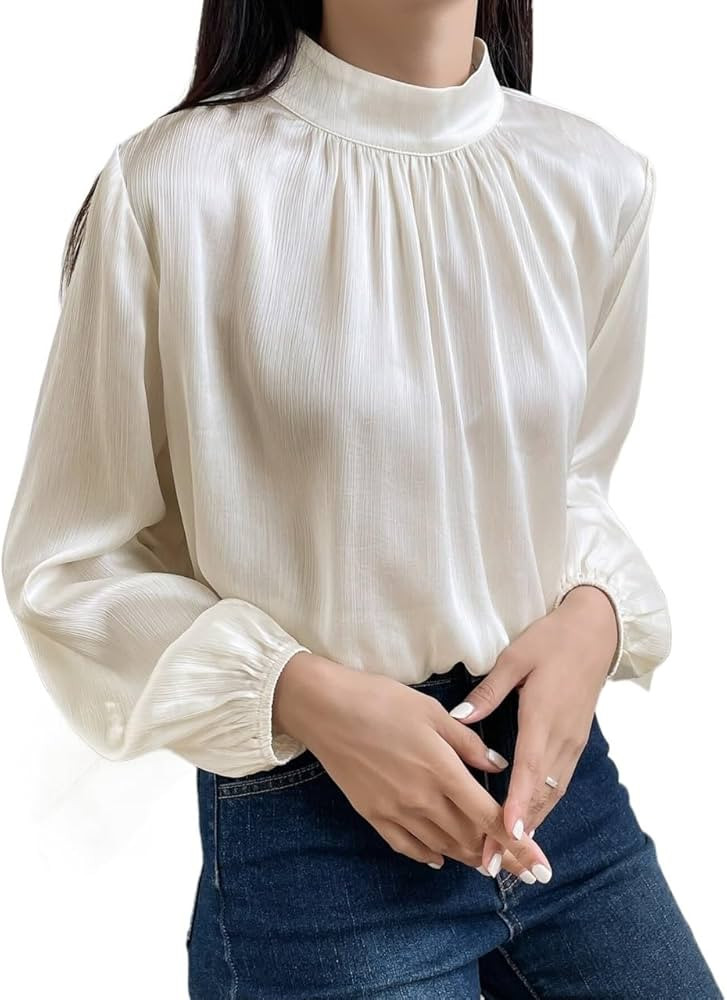 HGFH Womens Tops Mock Neck Keyhole Back Bishop Sleeve Blouse (Color : Beige, Size : Large) | Amazon (US)