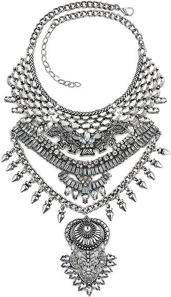 Long Tassel Chunky Boho Coin Statement Necklace For Women Silver | Amazon (US)