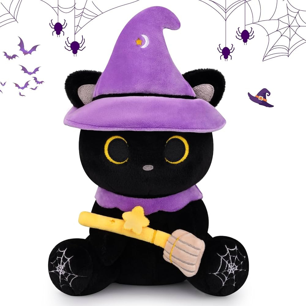 Halloween Stuffed Animal - Black Cat Plush, Cute Cat Stuffed Animal Toy with Witch Hat, Halloween... | Amazon (US)