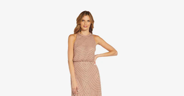 Art Deco Beaded Blouson Dress With Halter Neckline In Rose Gold | Adrianna Papell