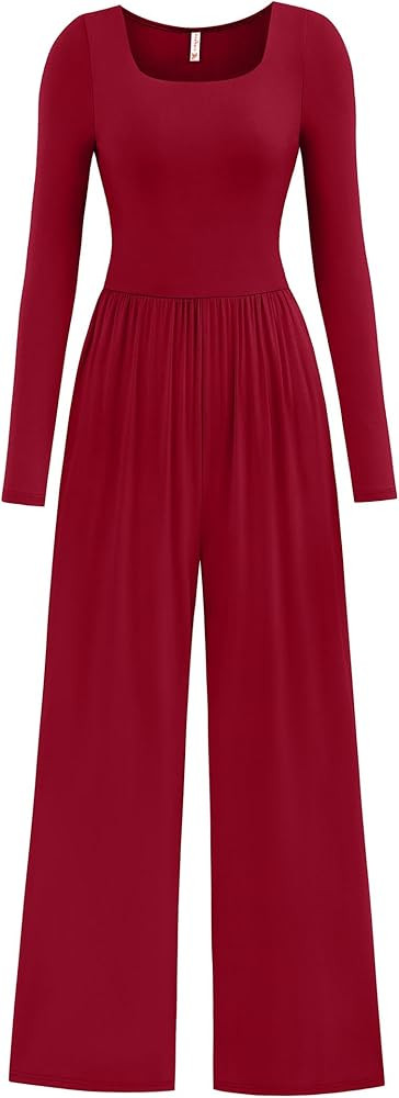 KIRUNDO Women's 2024 Fall Long Sleeve Wide Leg Jumpsuits Casual Dressy One Piece Square Neck Long... | Amazon (US)