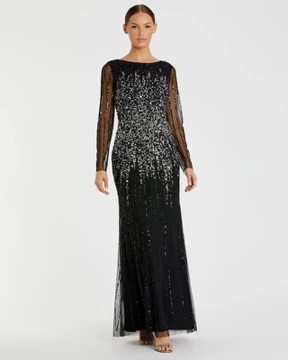 Black Boat Neck Sequin Embellished Long Sleeve A Line Gown | Mac Duggal