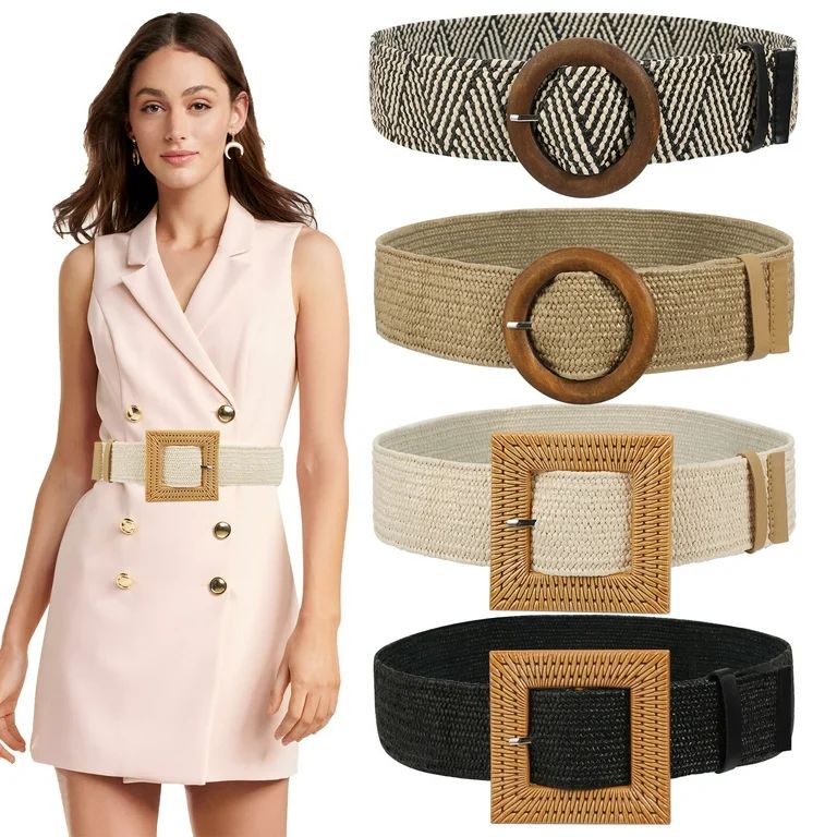 4 Pack Straw Woven Belt for Women Girls, Elastic Stretch Wide Waist Belt Fashion Boho Skinny Dres... | Walmart (US)