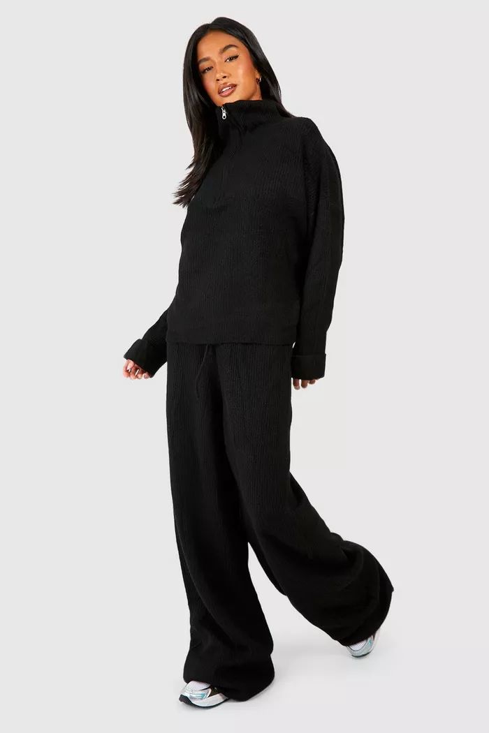 Petite Half Zip Funnel Neck And Wide Leg Trouser Knitted Set | Boohoo.com (UK & IE)