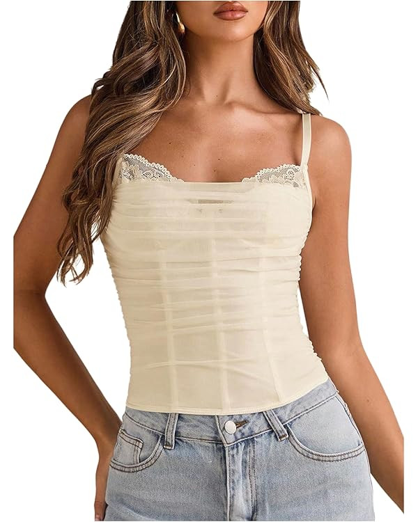 MakeMeChic Women's Lace Corset Top Spaghetti Strap Bustier Y2k Going Out Crop Top | Amazon (US)