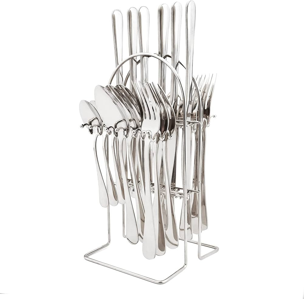 24 Piece Mirror Silver Silverware Set With Stand, Hanging & Round Handle Stainless Steel Cutlery ... | Amazon (US)