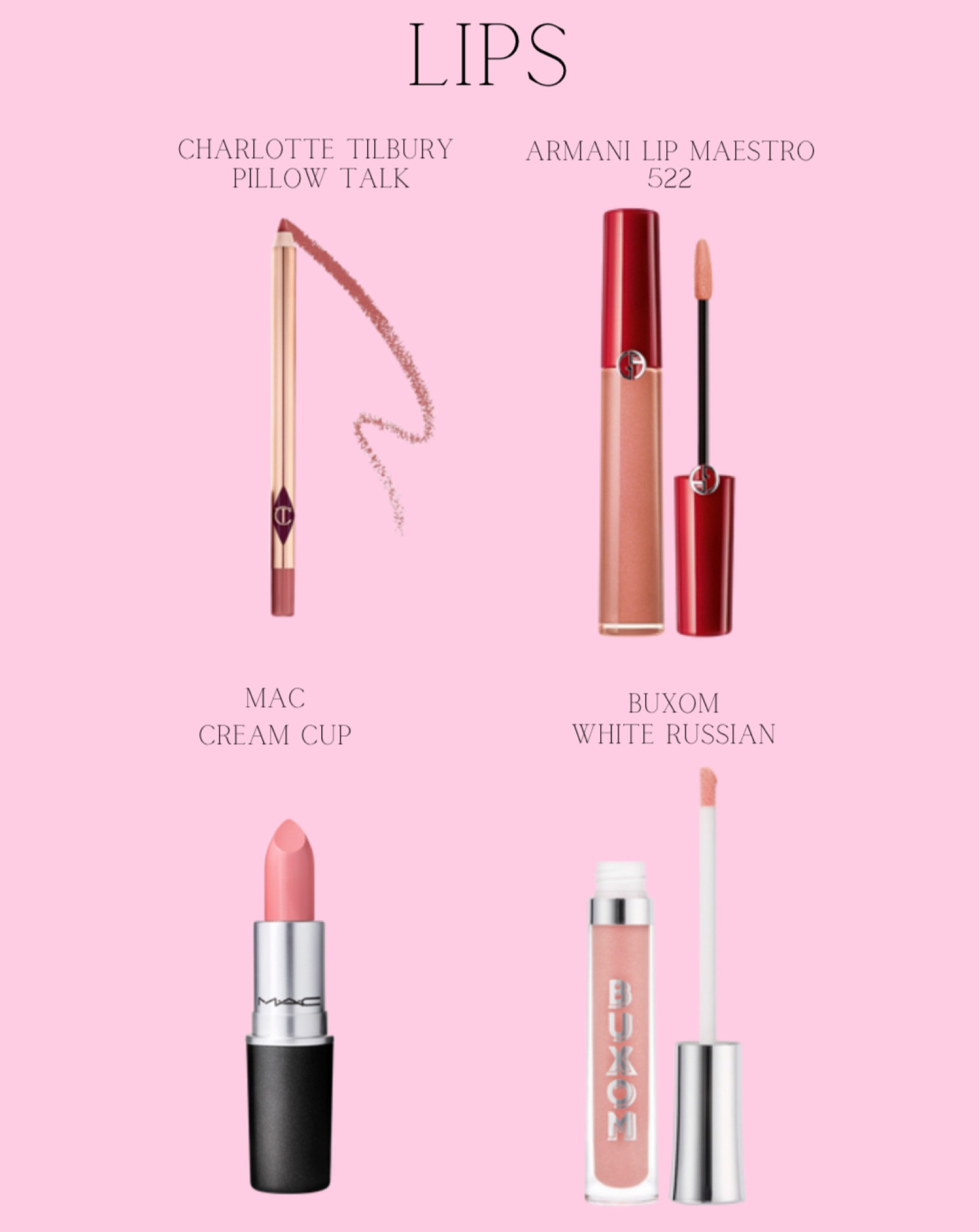 If you need a new lip combo here you go! They mix great for soft glam wedding makeup.

buxom // MAC // Armani // Charlotte Tillbury // lipstick // Sephora // lip liner // makeup // lip gloss 

#LTKunder100 #LTKbeauty #LTKwedding
