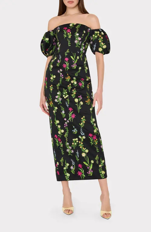 Milly Nira Bloom Embroidered Off the Shoulder Gown in Black Mult at Nordstrom, Size 6 | Nordstrom