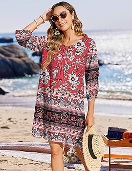 Zeagoo Womens Boho Dresses Casual Beach Summer Dress Tassel Tie Neck 3/4 Long Sleeve Mini Sundres... | Amazon (US)
