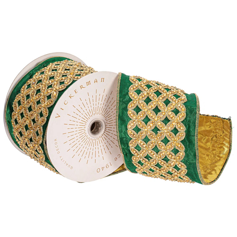 4"x5yd Jeweled Wired Edge Christmas Ribbon | Wayfair North America