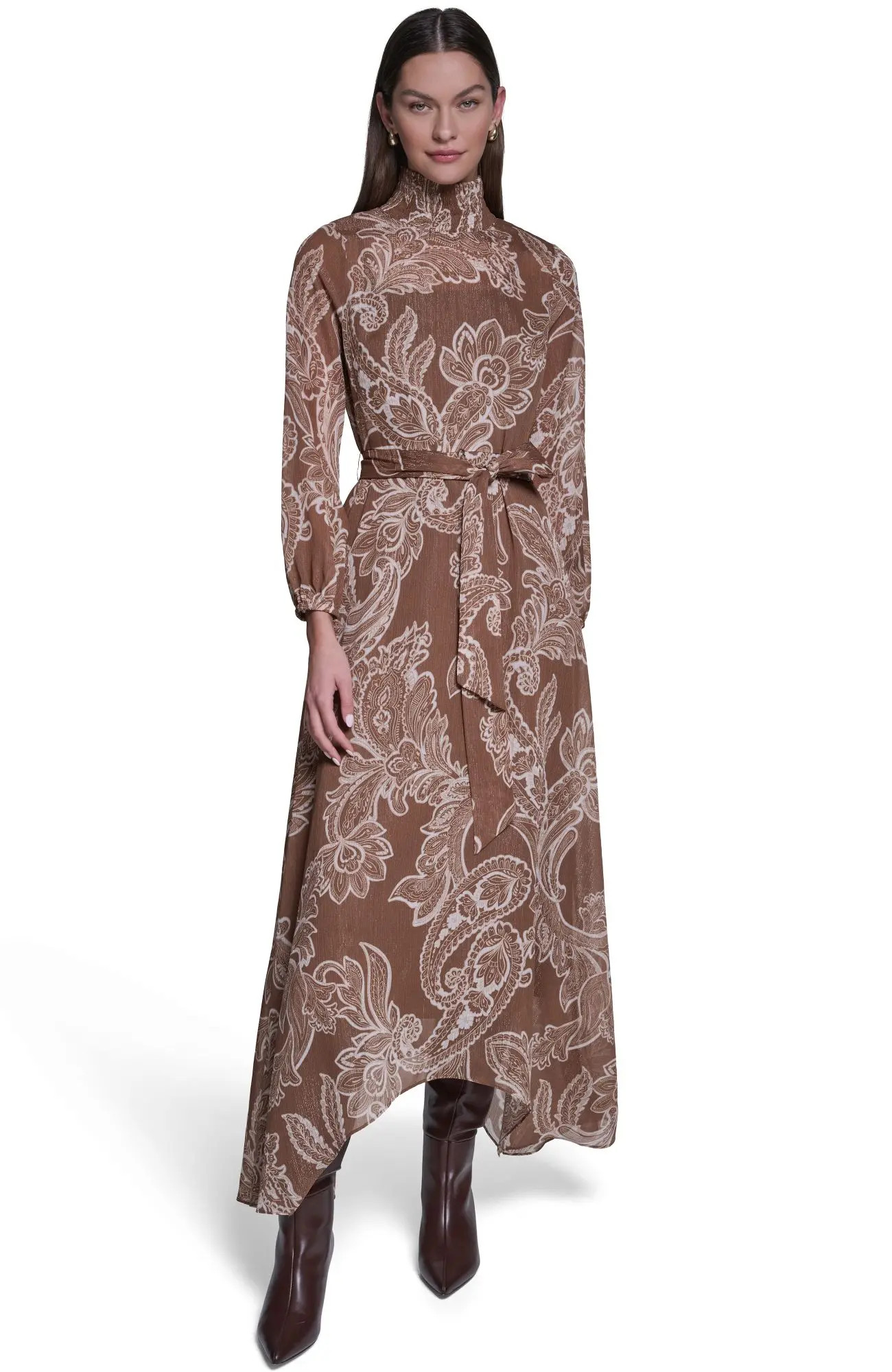 HALSTON Long Sleeve Paisley Printed Chiffon Midi Dress (Women) | Nordstrom | Nordstrom