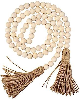 Hagao Wood Bead Garland Farmhouse Rustic Country Beads with Tassles Wall Hanging Décor | Amazon (US)