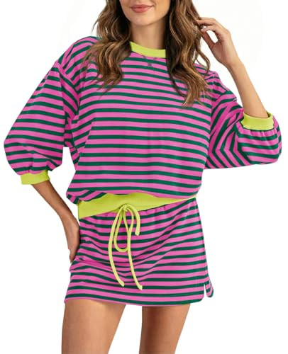 Wenrine Womens 2 Piece Striped Mini Skirt and Sweatshirt Set Long Sleeve Oversized Matching Skort... | Amazon (US)
