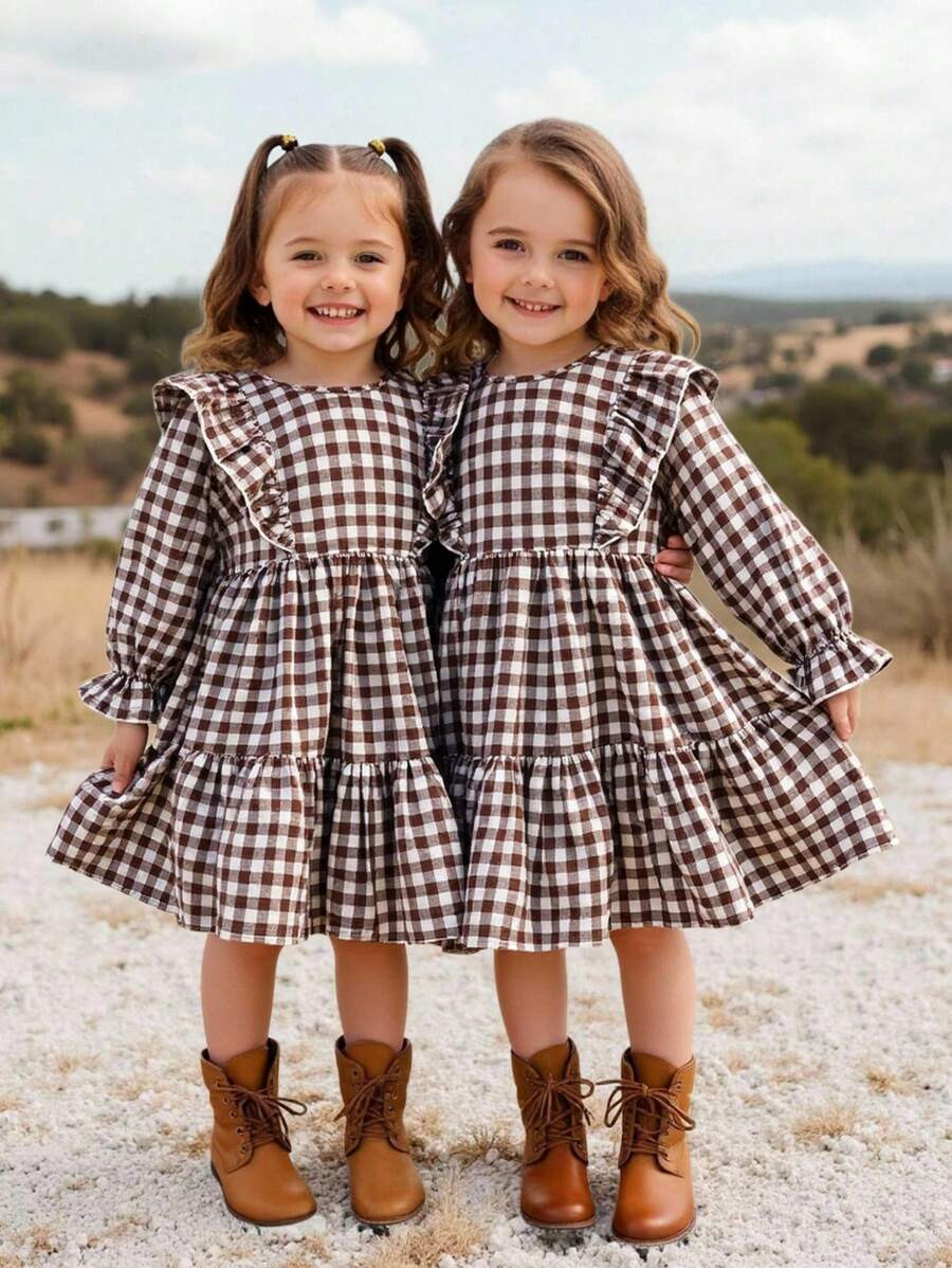 Emery Rose Kids Emery Rose Kids White,Summer,Family Matching Young Girl Twins Plaid Loose Cute Ru... | SHEIN
