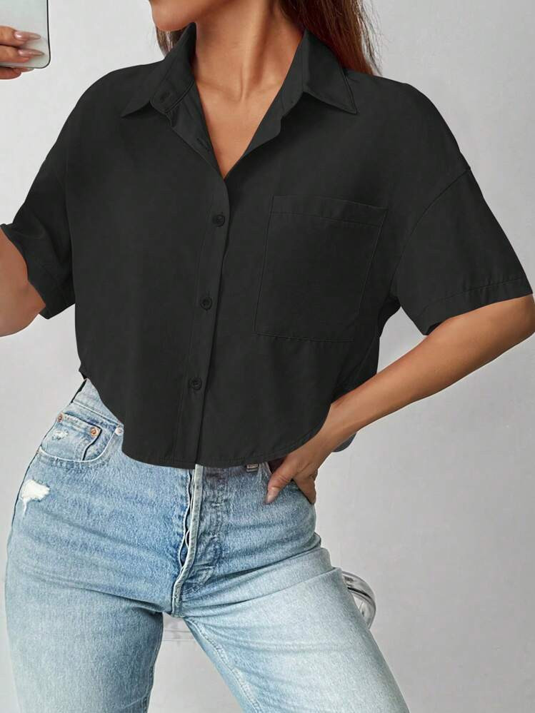 SHEIN Relaxiva Ladies' Solid Color Simple Everyday Short Casual Black Shirt,Short Sleeve Tops | SHEIN